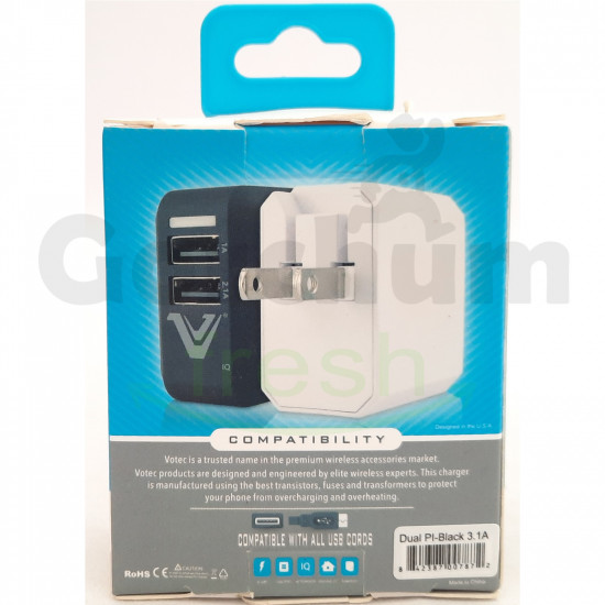 Votec Black Dual USB Travel Adapter