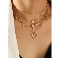 Gold Heart and Pearl Necklace Set 5pcs
