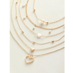Gold Heart and Pearl Necklace Set 5pcs