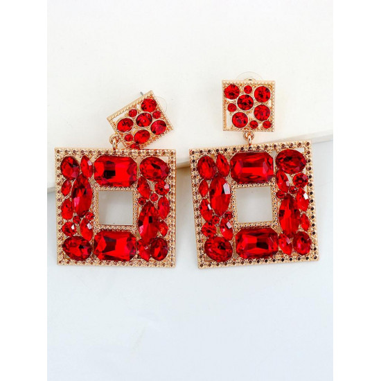 Rhinestone Square Drop Earrings - Red