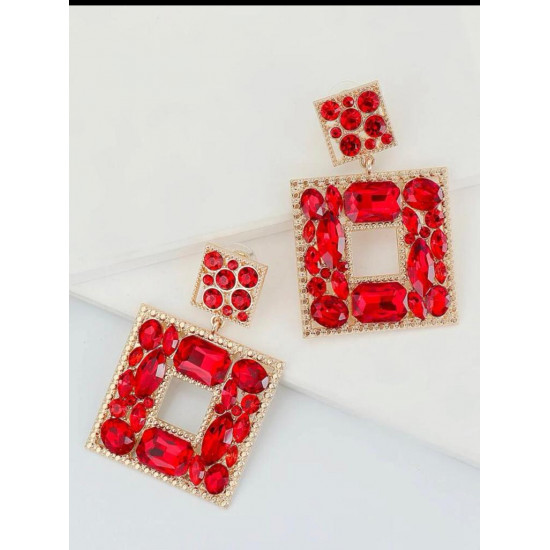 Rhinestone Square Drop Earrings - Red