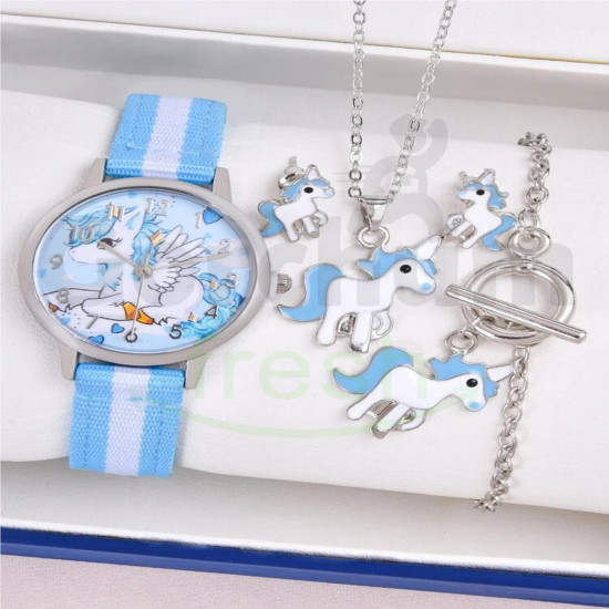 Rount Pointer Quartz Watch & 4pcs Jewelry Set Blue 