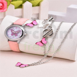 Butterfly Print Dial Quartz Watch & 3pcs Jewelry Set Pink 