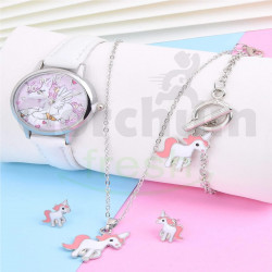 Cartoon Unicorn  Qaurtz Watch & 4pcs Jewelry Set White 