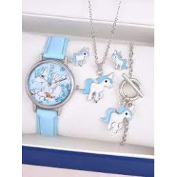 Cartoon Unicorn Pattern Qaurtz Watch 4pcs Jewelry Set Blue 
