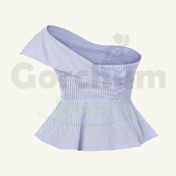 Printed One Shoulder Bow Peplum Top (L) Blue&White