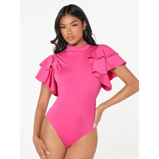 Evolushein Mockneck Exaggerated Ruffle Trim Bodysuit (M) Pink 