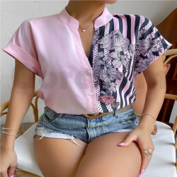 Women Floral Print Batwing Sleeve Top (S) Pink 